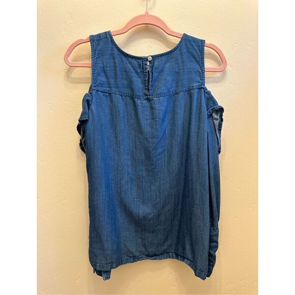 LOFT Blue Chambray Cold Shoulder Long Sleeve Ruffle Top Size Small - Picture 5 of 5